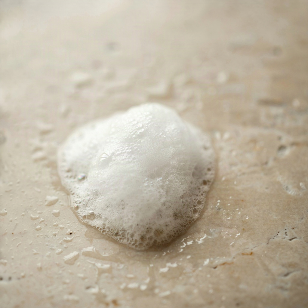 Close-up of airy white foam cleanser lather on damp skin-tone stone, water droplets around it