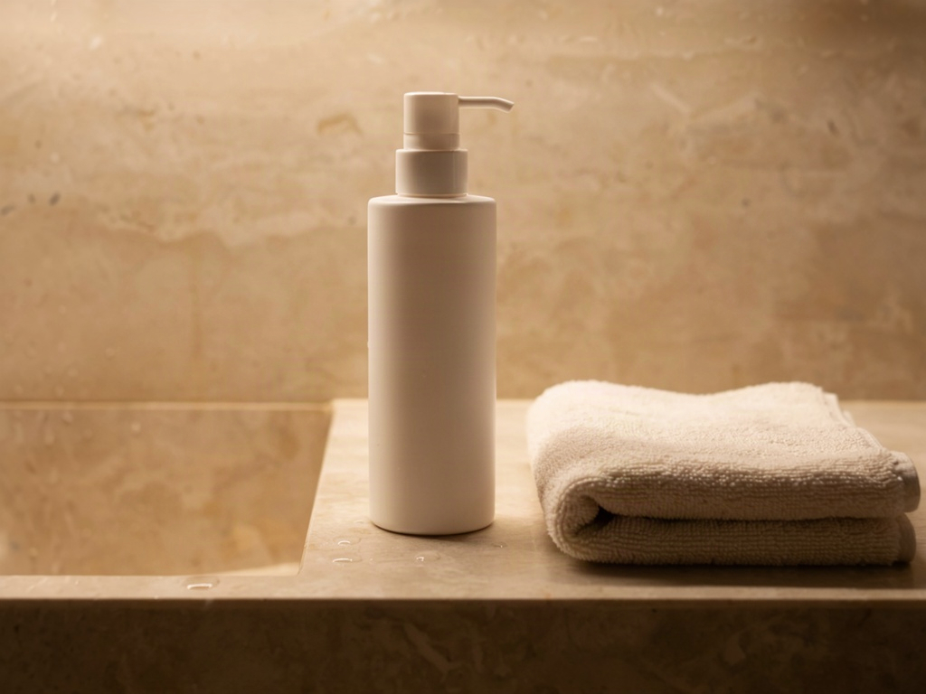 Unlabelled white pump bottle and folded towel on a wet bathroom counter after cleansing
