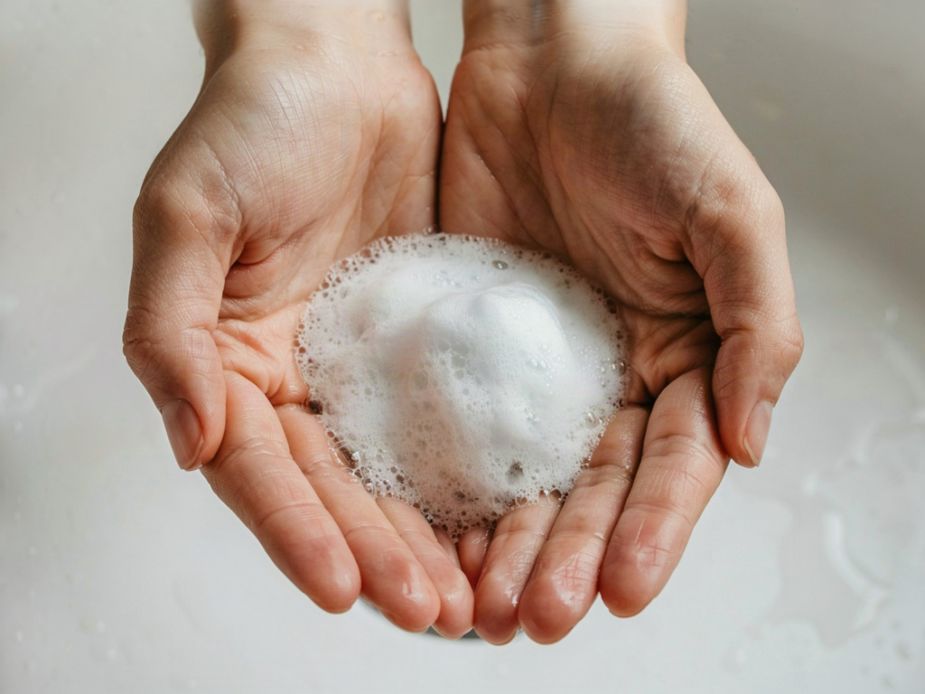 Rich white lather from a gentle face wash for oily skin held in open cupped palms