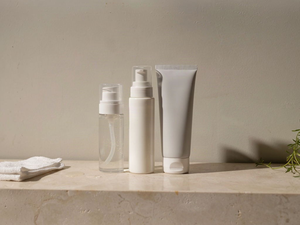 Three unbranded bottles of cleansers for oily skin lined up on a bathroom shelf
