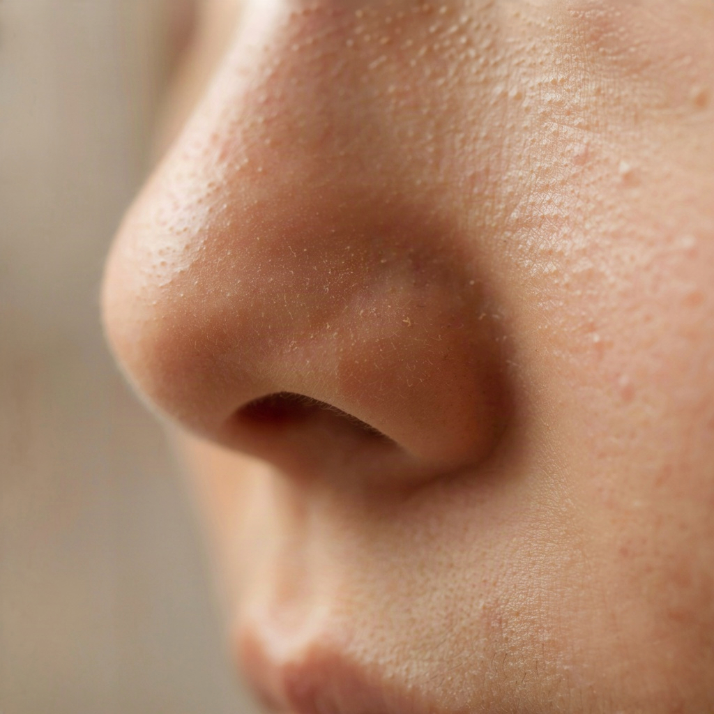 Macro close-up of shiny T-zone skin texture that signals a need for a cleanser for oily face