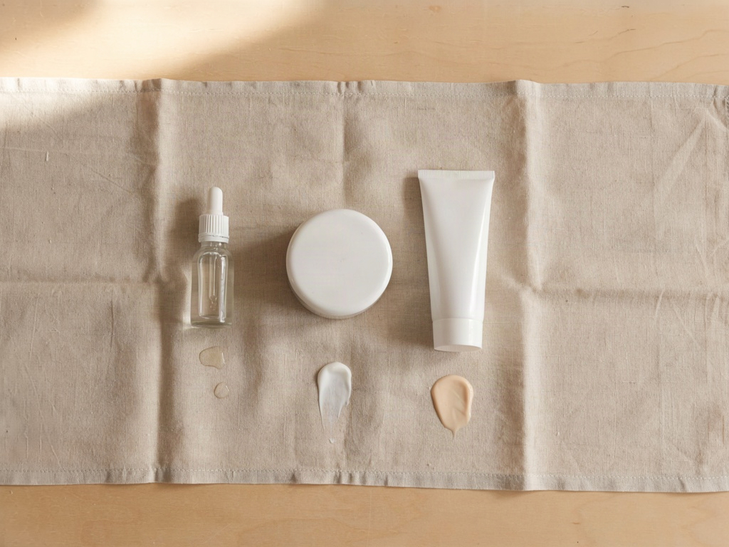 Flat lay of a layering order for a peptide serum, moisturizer and sunscreen on warm linen