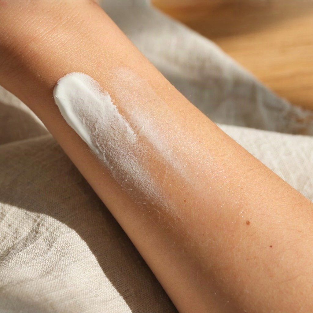 White zinc oxide sunblock stripe half blended on a forearm showing how white cast fades