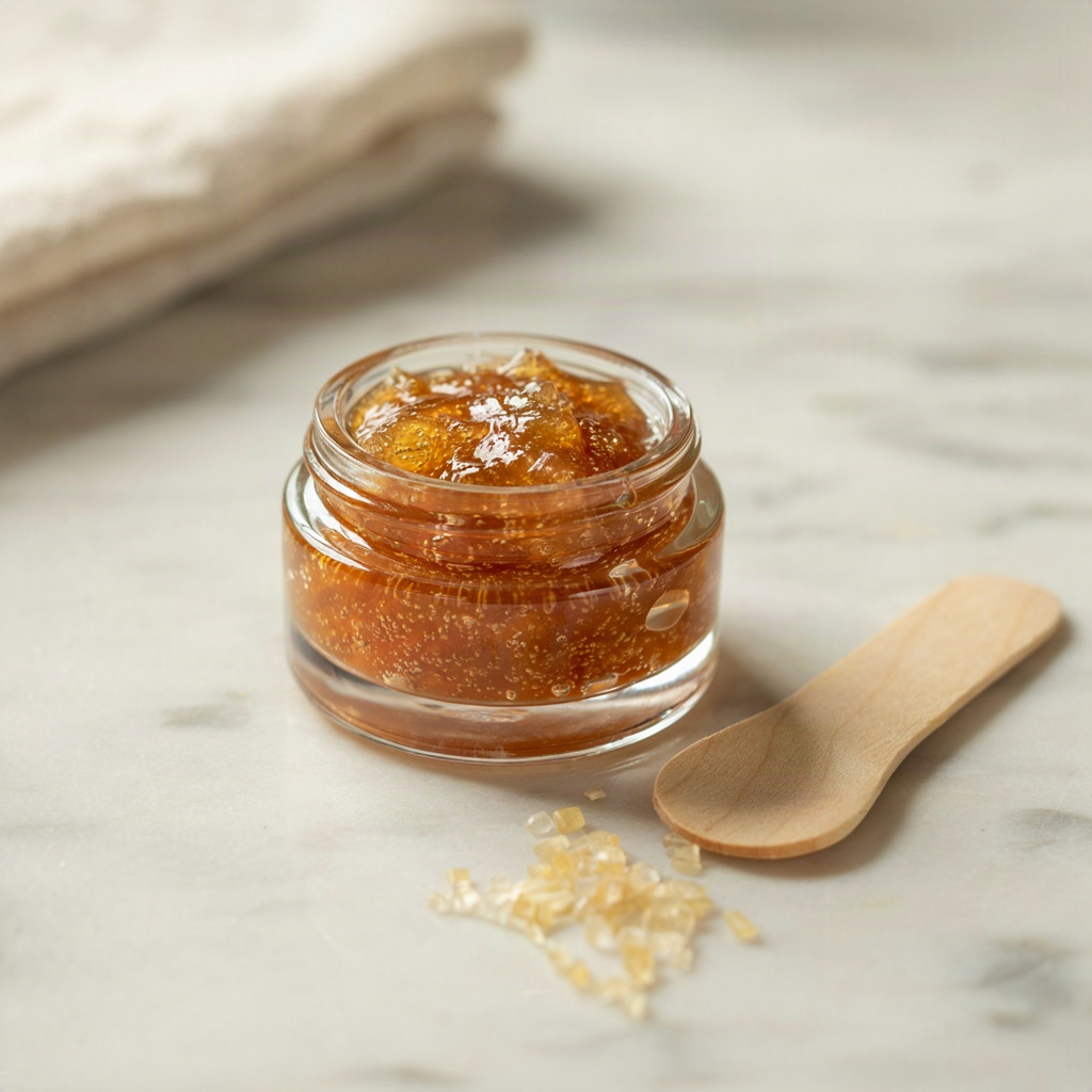 Close-up of a grainy sugar lip scrub in an open glass jar on a marble bathroom counter