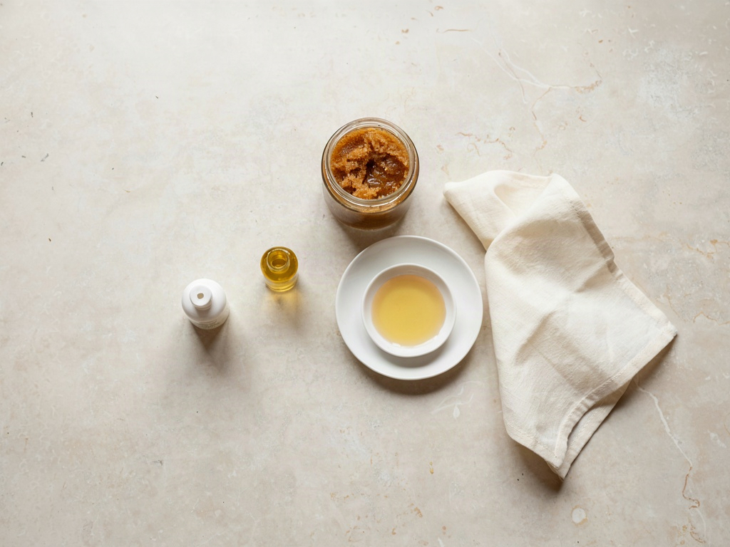 Overhead flat lay of lip care essentials: a jar of sugar scrub, a dish of oil and a soft cotton cloth