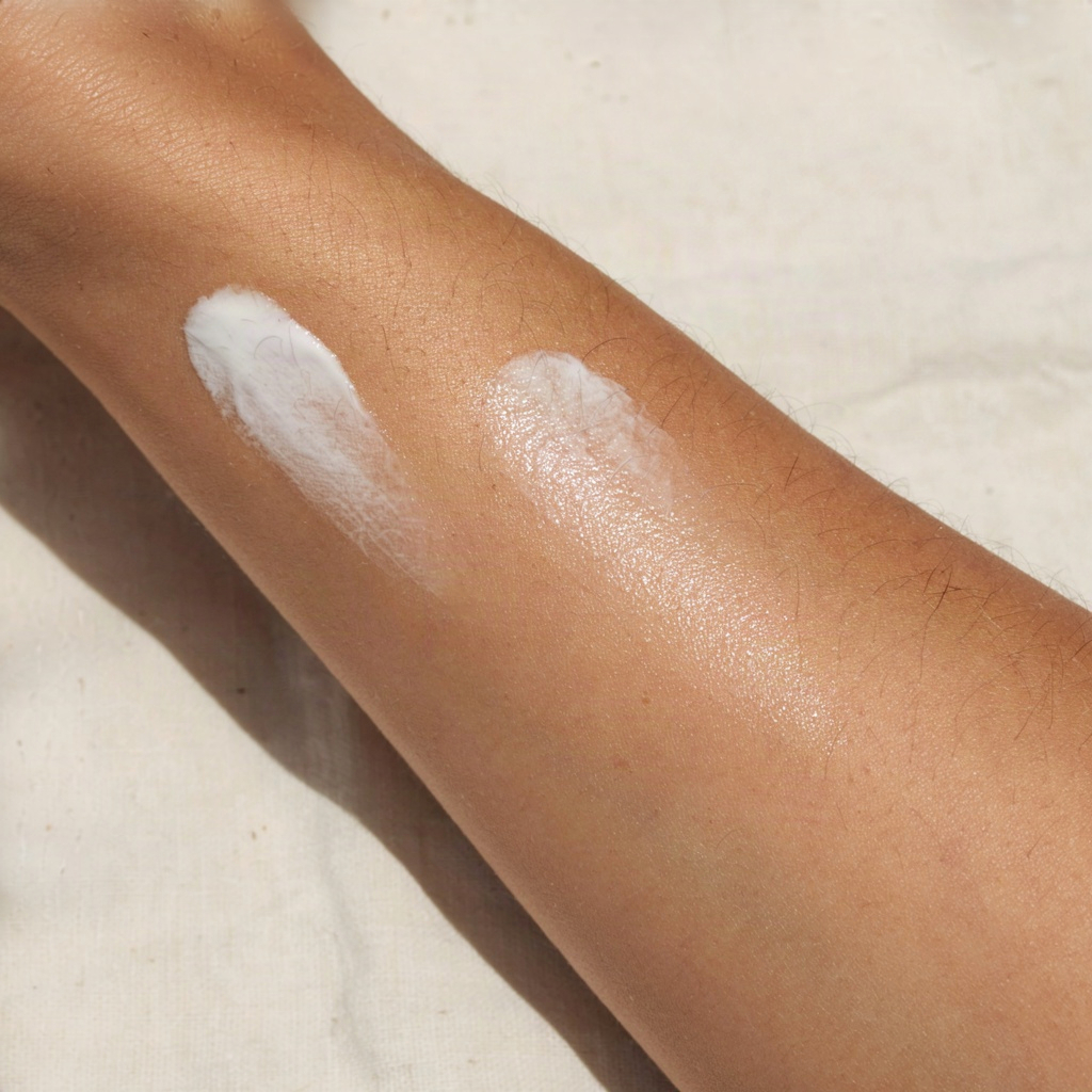 Blended white cream swatch on forearm skin showing what a clear mineral sunscreen finish looks like