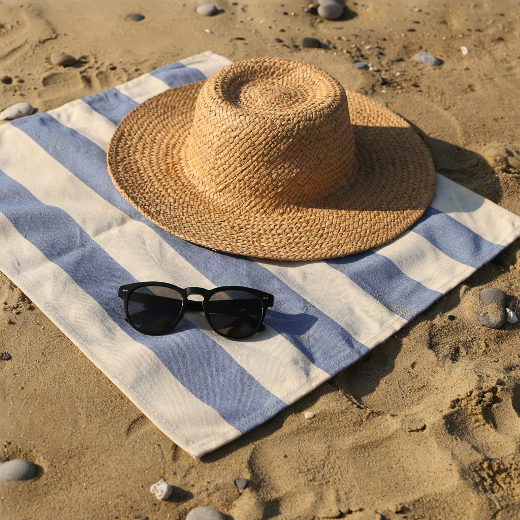 Wide brim hat and sunglasses on a beach towel illustrating mineral based sun protection habits
