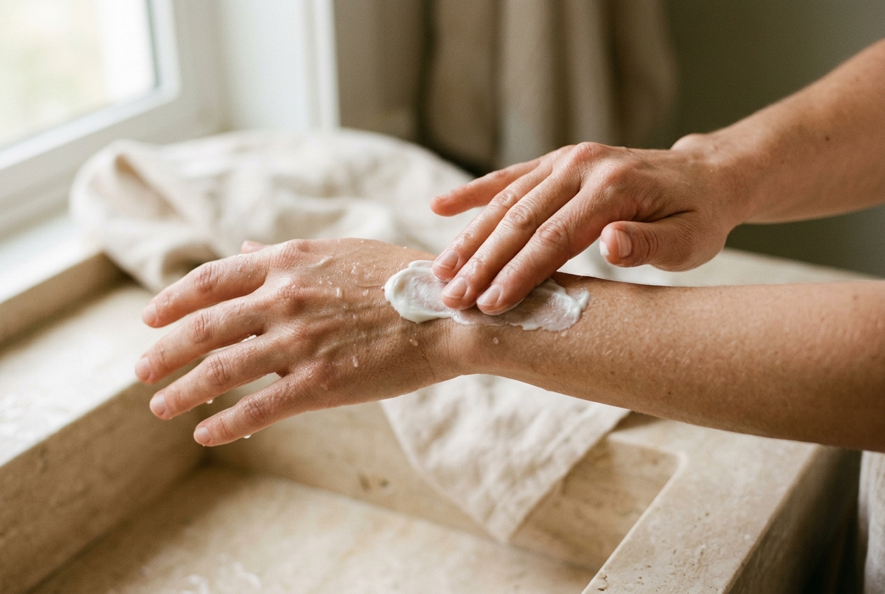 Hands pressing cream into damp skin, the application step that makes a face moisturizer for dry skin work