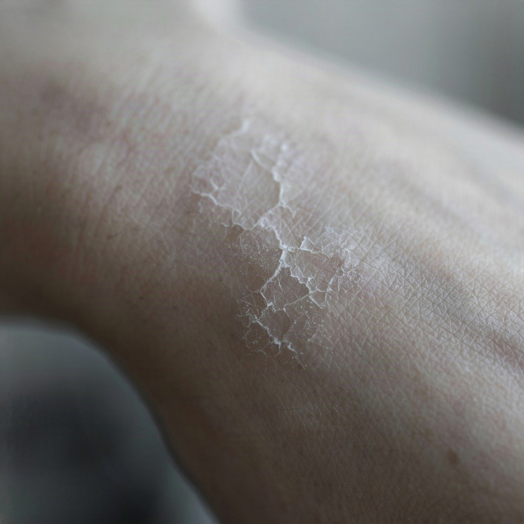 Close-up of a flaking dry patch on a forearm, the texture a moisturizer for dry skin patches has to repair