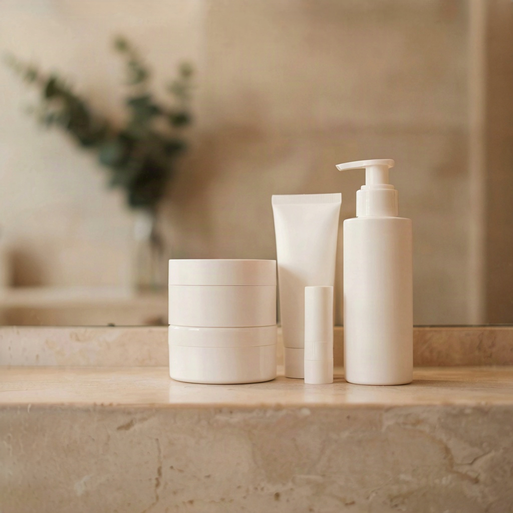 Unbranded jar, tube and pump bottle lined up on a shelf, the texture choices behind beauty products for dry skin