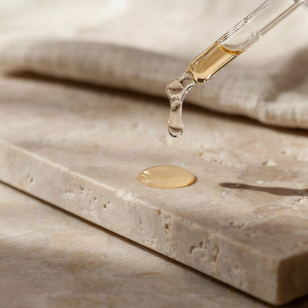 Retinol serum dropper releasing a single amber drop onto a pale stone bathroom surface