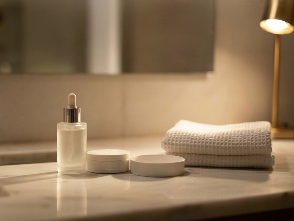 Evening bathroom counter set up for a night time retinol cream routine with a lamp and towel