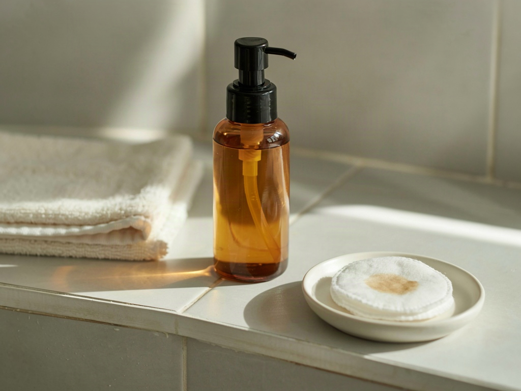 Cleansing oil and cotton pads on a bathroom shelf illustrating how a makeup remover dissolves pigment