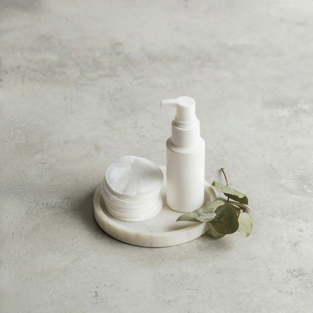 Soft cotton pads and a fragrance-free cosmetic remover bottle arranged for sensitive skin removal