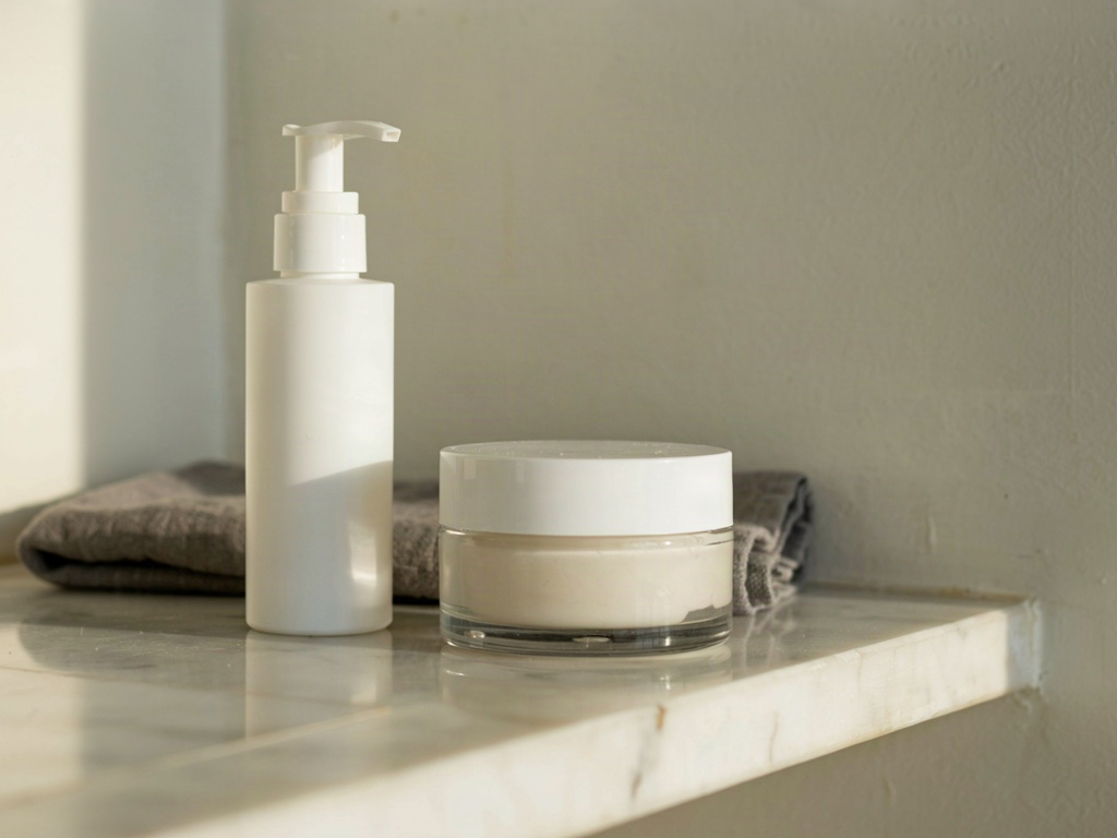 Fragrance-free gentle cleanser for sensitive skin on a bathroom shelf next to a folded towel