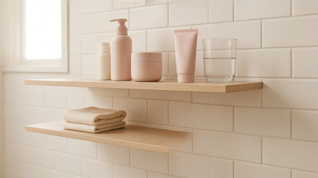 Kids skin care essentials: gentle cleanser, moisturizer and mineral sunscreen on a bright bathroom shelf