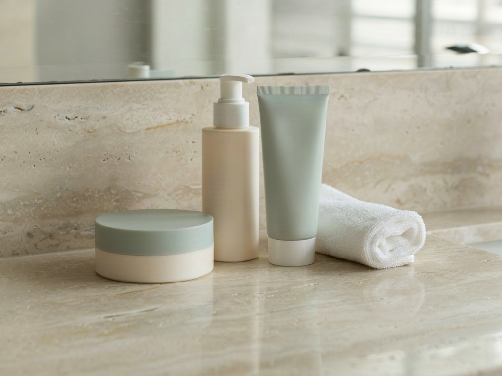 Gentle kids skin care products arranged beside a washcloth on a family bathroom counter