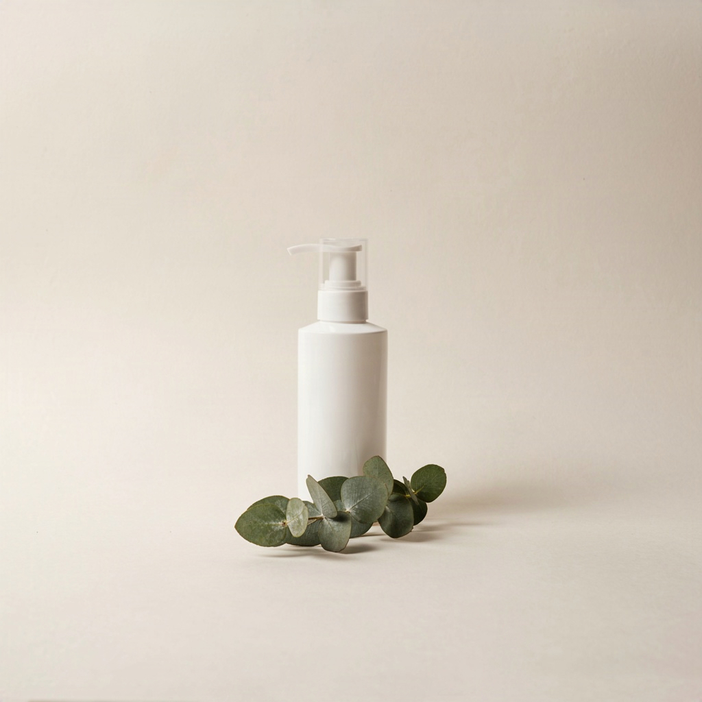 Unbranded fragrance-free cleanser bottle on a neutral surface, an example of kid friendly skin care