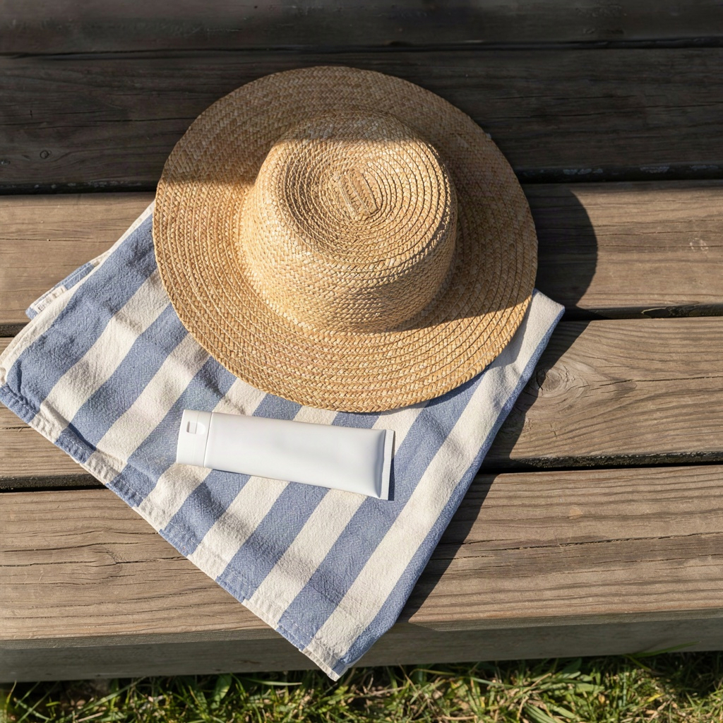 Mineral sunscreen tube and a sun hat on a towel, the daily sun protection step in kids skin care