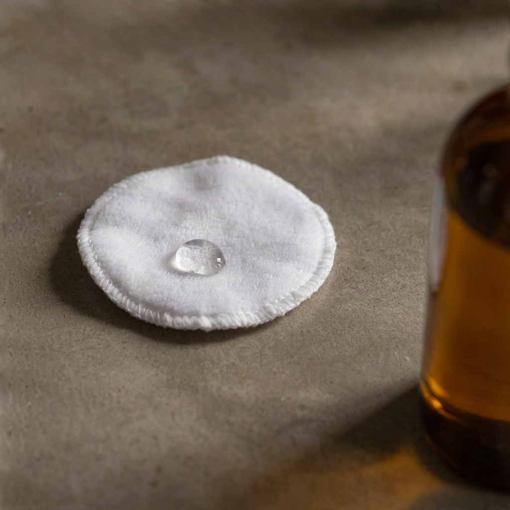 Close-up of a saturated cotton round beside an amber dropper bottle on stone