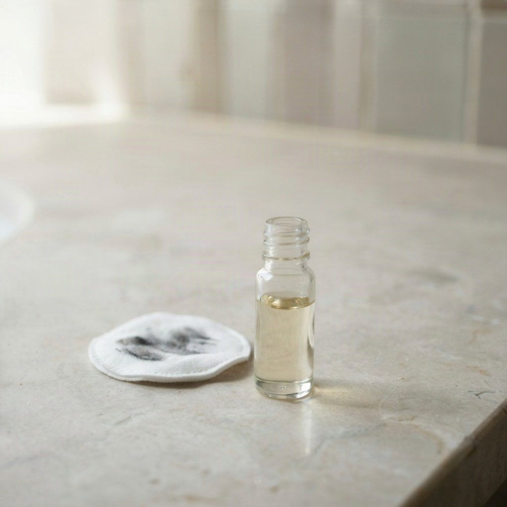 Cotton pad marked with mascara pigment beside a liquid makeup remover bottle