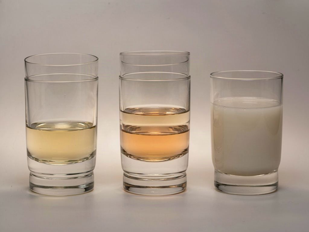 Oil, biphasic and water based makeup remover liquids compared in three glass vessels