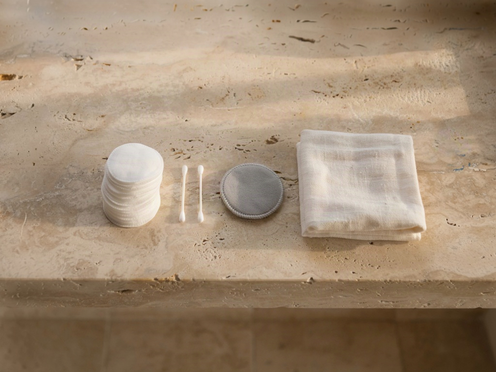 Cotton pads, swabs and a reusable pad laid out for eye makeup remover aftercare