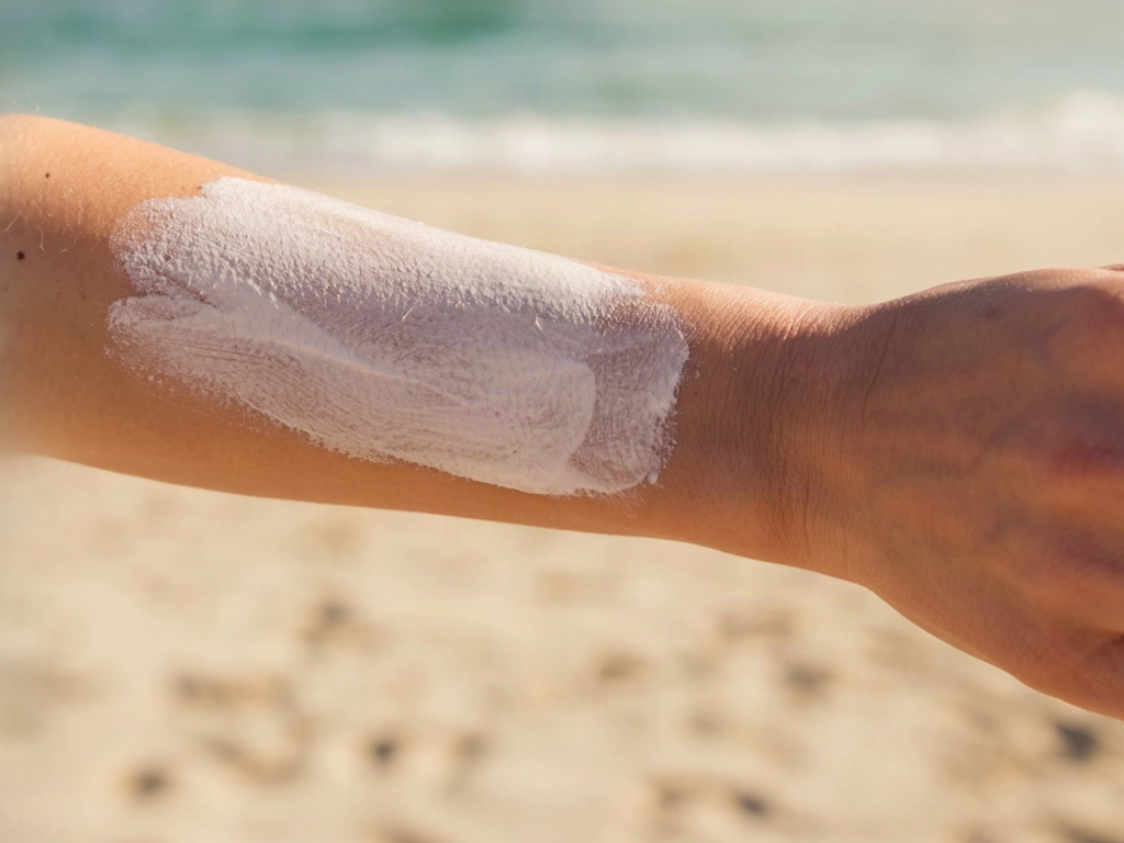 Thin even layer of white sunscreen on a sunlit forearm, showing what spf sunscreen meaning looks like in practice