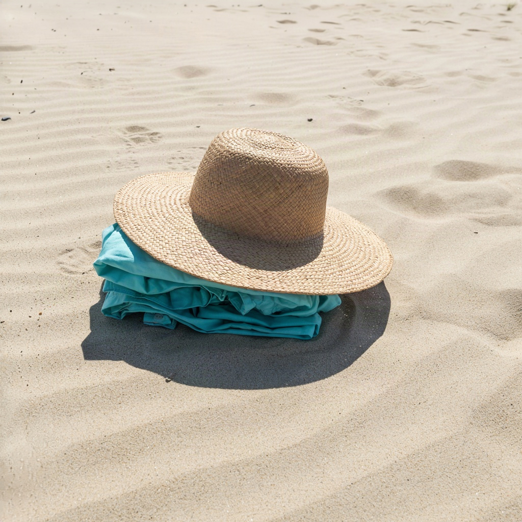 Straw sun hat and long-sleeve shirt on hot sand, the shade habit behind any highest spf sunscreen decision