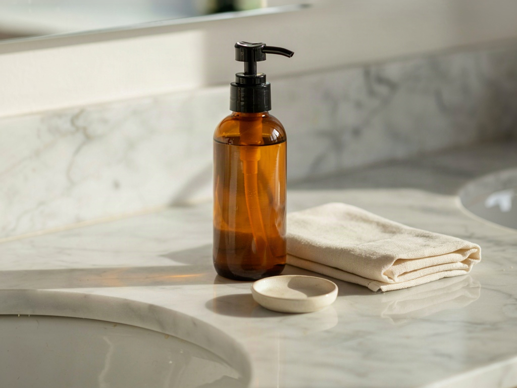 Oil cleanser bottle and folded towel on a warm marble bathroom counter