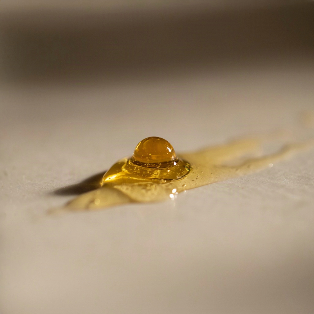 Macro shot of golden facial oil beading on a pale surface, the texture of an oil based cleanser