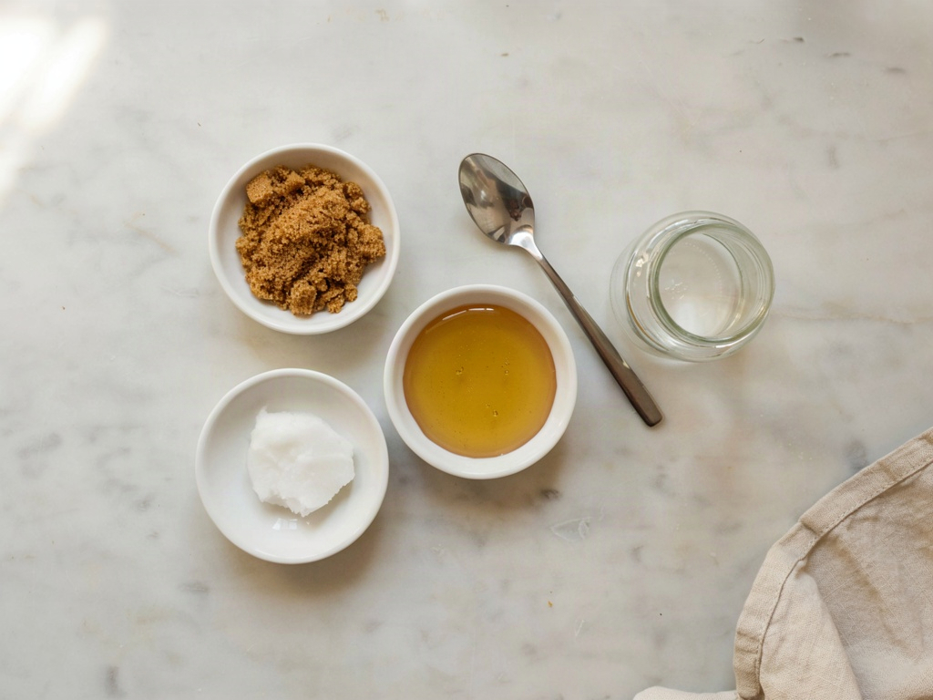 Ingredients for a homemade lip scrub: brown sugar, honey and coconut oil in small dishes on a marble counter