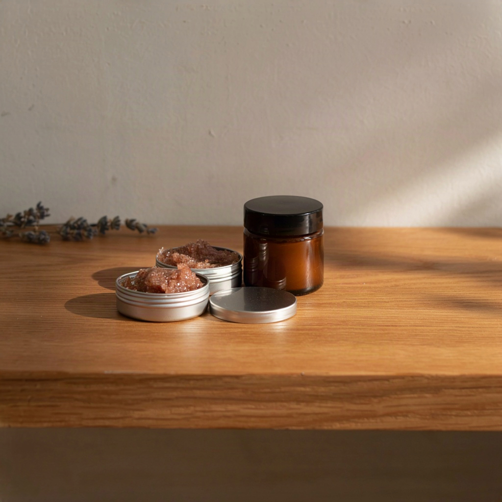 Small tin of natural exfoliating lip scrub with a rose-tinted sugar texture on a wooden bathroom shelf