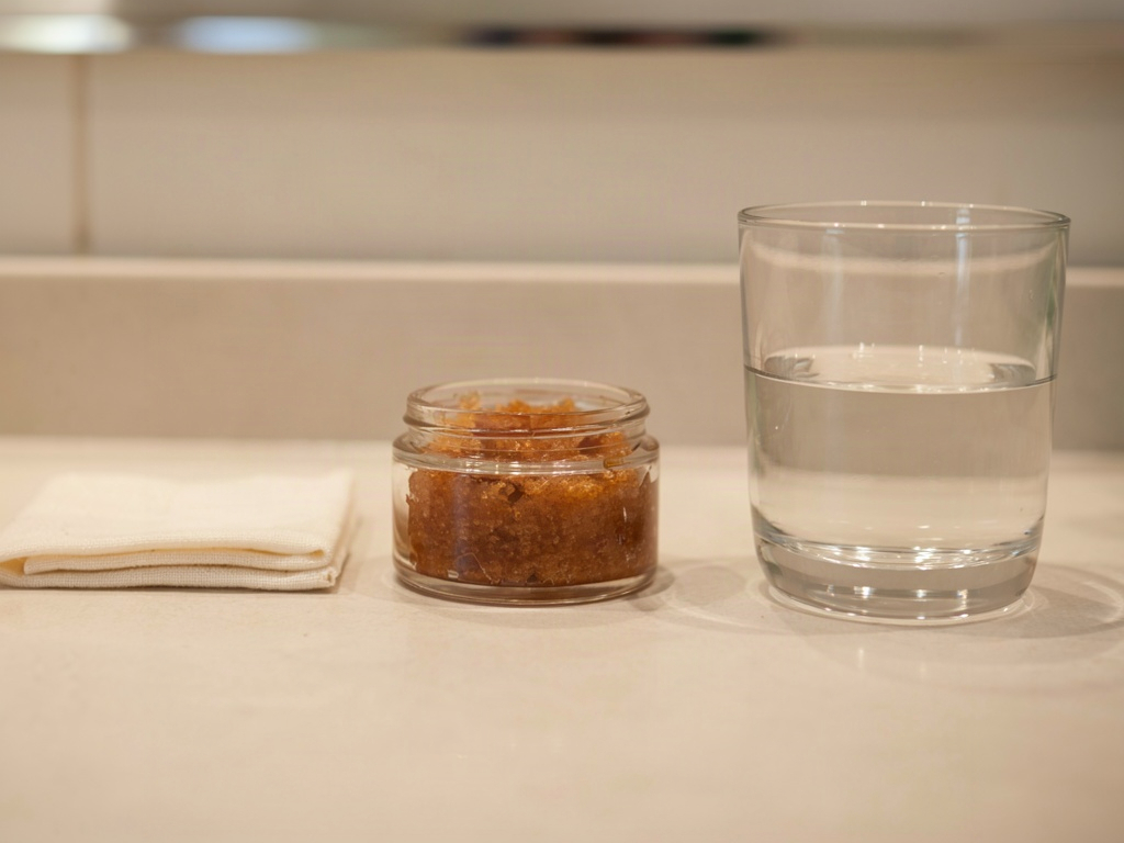 Bathroom vanity aftercare scene with a jar of lip scrub, a soft cotton cloth and a glass of water