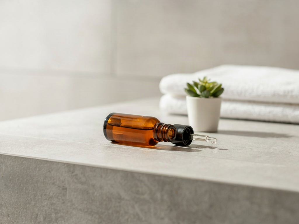 Glass dropper releasing a bead of hyaluronic acid serum for hydration over a ceramic dish