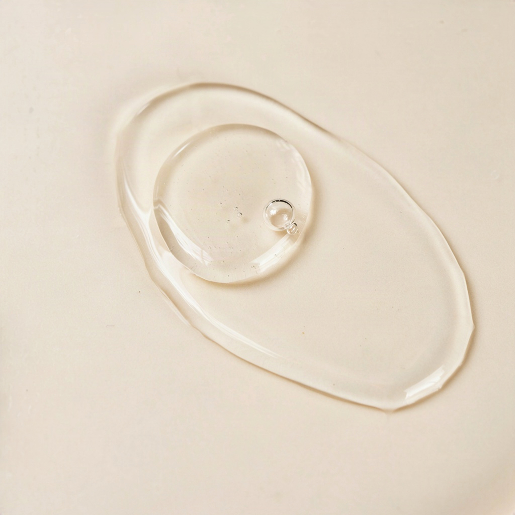 Macro shot of a clear niacinamide serum droplet spreading on glass, showing its thin watery texture
