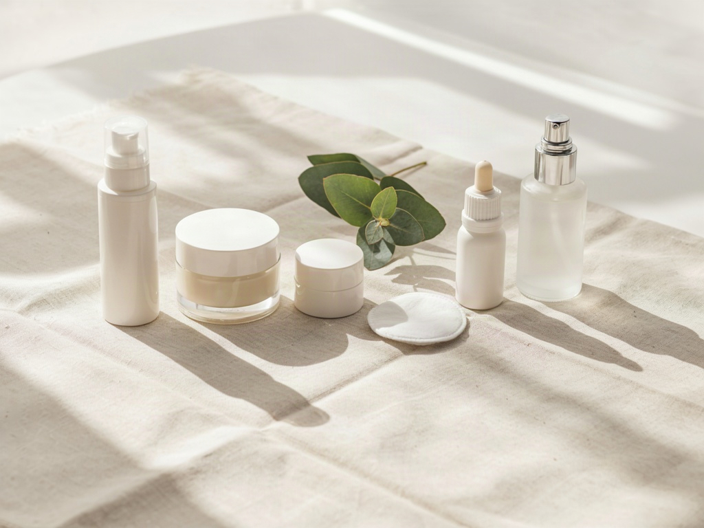 Flat lay of unbranded skincare bottles and jars on linen, the shelf a niacinamide serum joins
