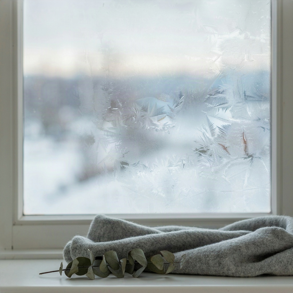 Frosted window and wool scarf showing why chapped lips care changes in cold weather