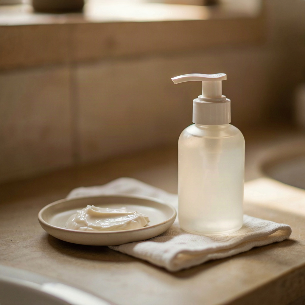 Facial cleanser for mature skin: rich cream texture swatch on a ceramic dish next to a soft washcloth