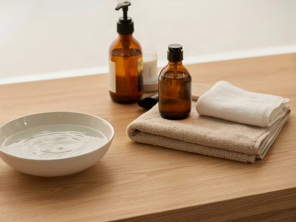 Face wash for older skin routine: lukewarm water in a ceramic bowl with a folded towel and washcloth