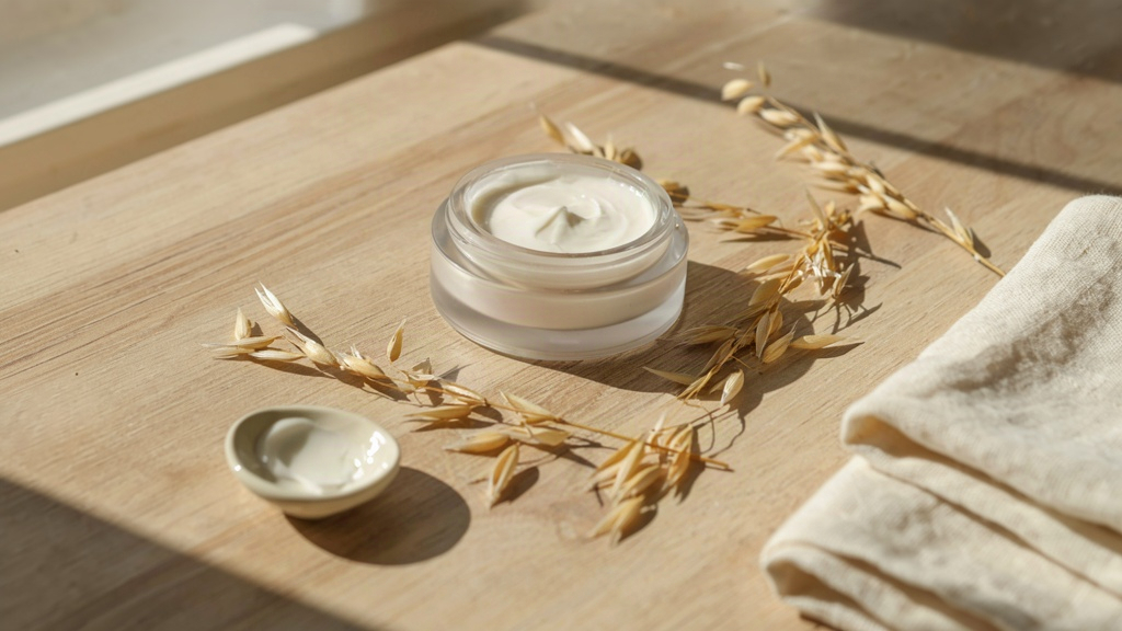 Gentle moisturizer for sensitive skin in an unlabeled jar beside oat sprigs on soft linen