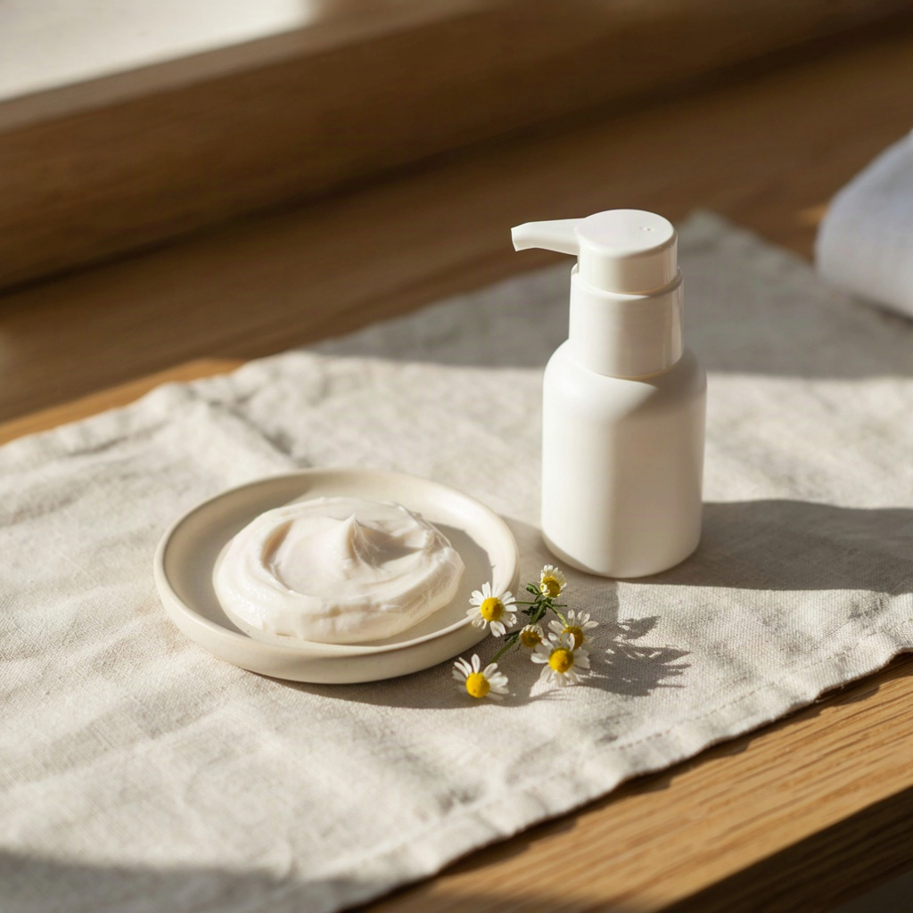 Swirl of fragrance-free skin moisturizer for sensitive skin on a pale ceramic dish