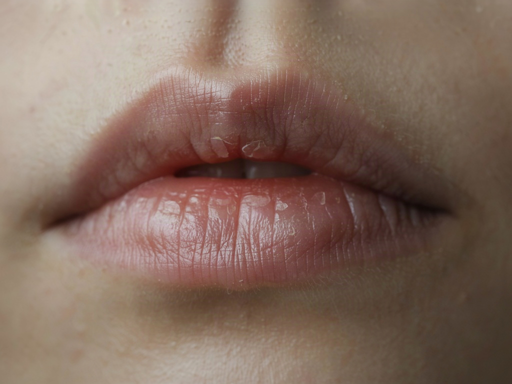 Dry, flaking lips in cool morning light, the texture a lip plumper will make worse