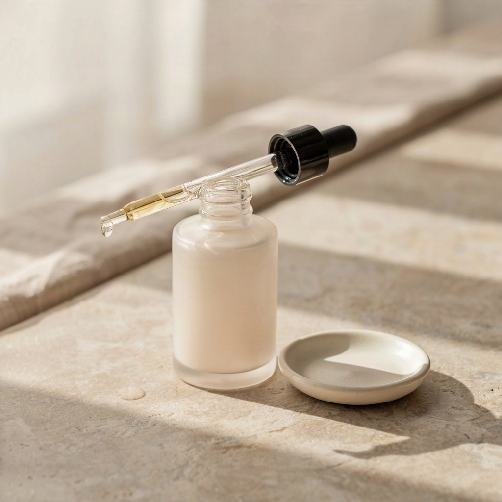 Eye serum bottle and cotton rounds laid out on stone, the daily kit for how to remove dark under eyes