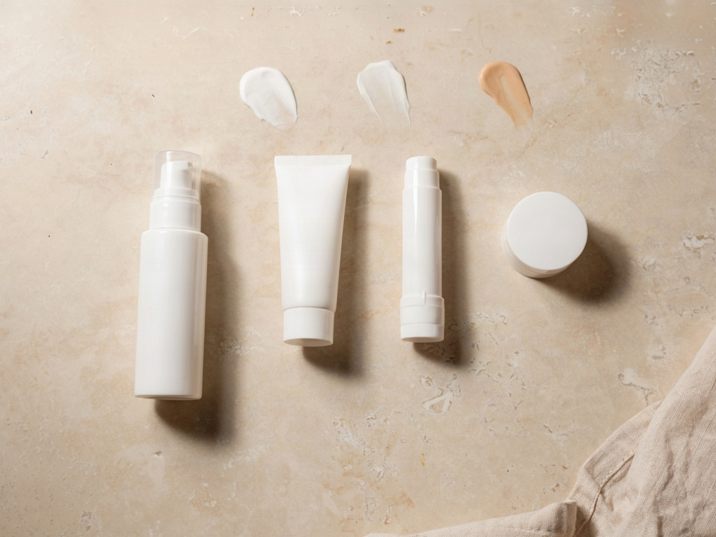 Unbranded broad spectrum sunscreen lotion bottles and cream swatches on a warm stone surface