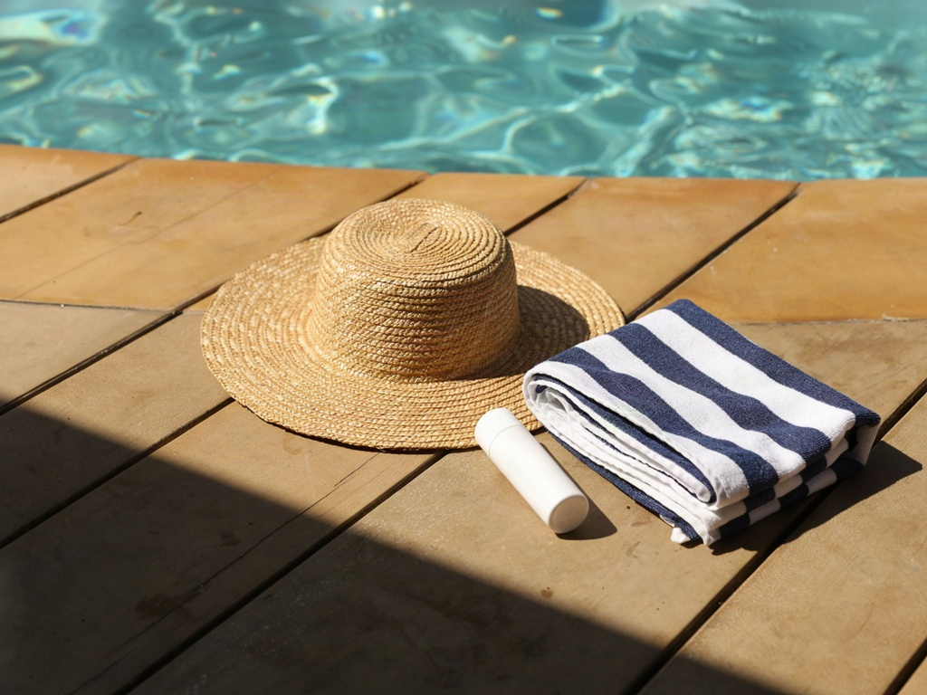 Poolside scene with a straw hat, towel and unbranded spf 50 sunblock tube in strong sunlight
