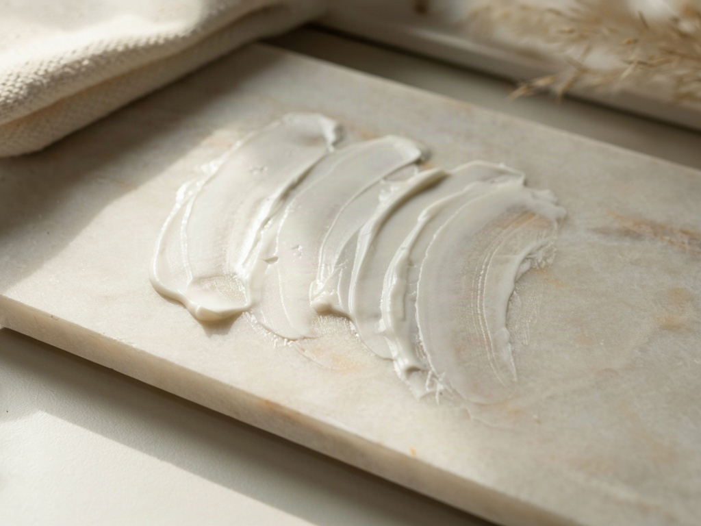 Three swatches of chemical free sunscreen cream blended on a warm stone slab