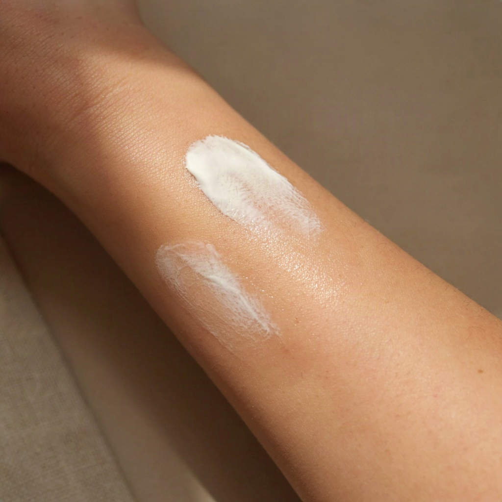 White cast from a non toxic face sunscreen fading as the cream is pressed into skin