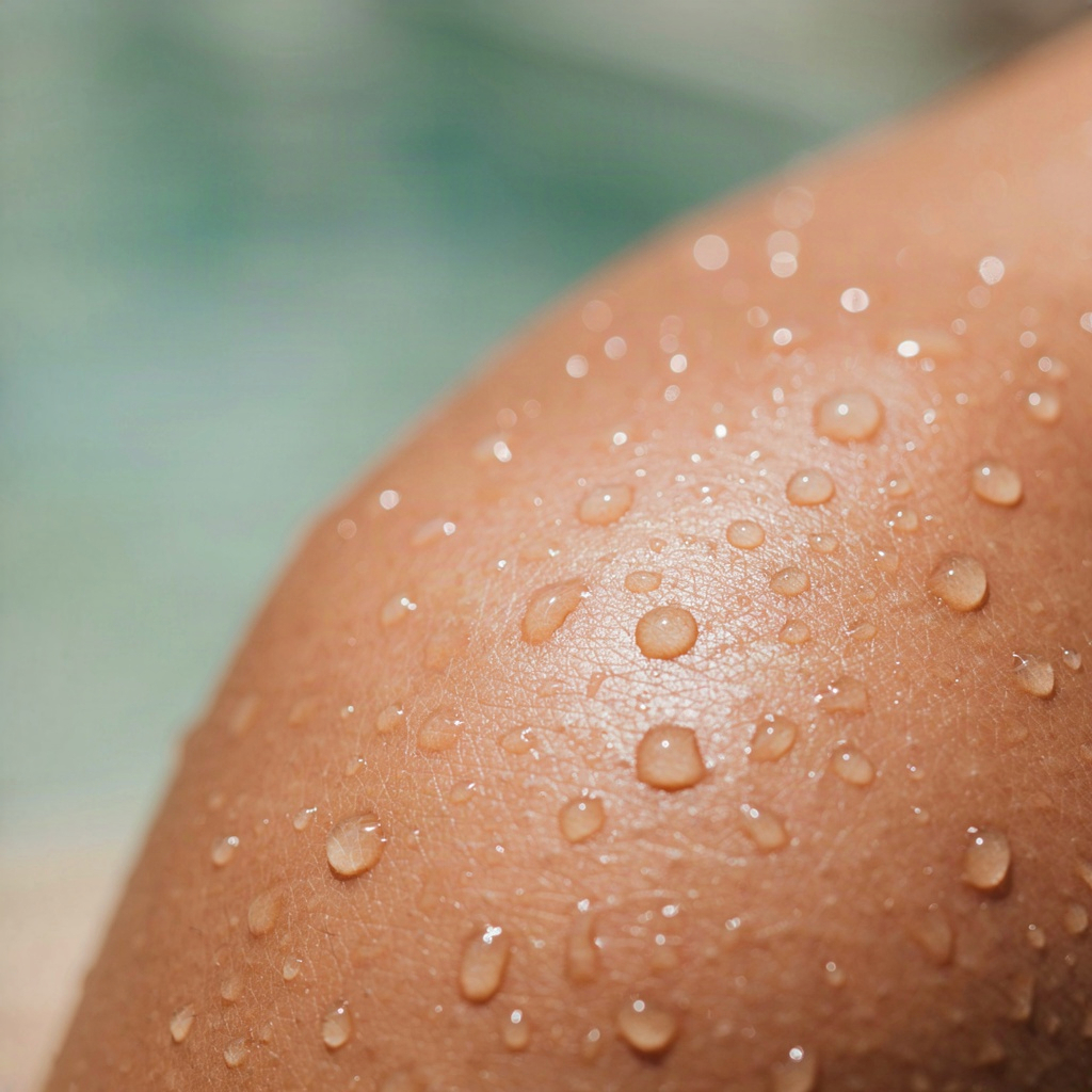 Water beading on skin protected by a water resistant sunblock water based formula