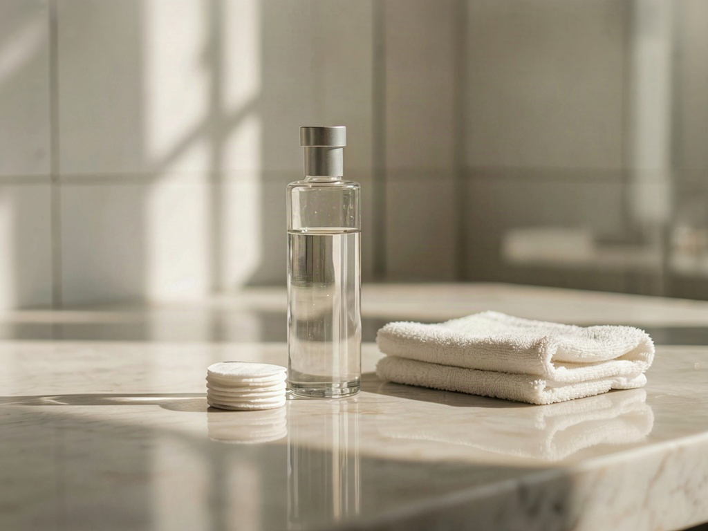 What is a toner in skin care: plain glass toner bottle, cotton pads and a towel on a bathroom counter